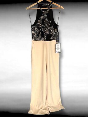 Women's L Rachel Roy Abstract Black Cream Stretch Jumpsuit NWT *Zipper Broken*